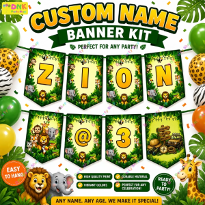 Custom Safari Jungle Animal Zoo Wild Theme Thick Premium Party DIY Letter Number Banners Personalized Name Birthday Decor Lion Tiger Elephant Giraffe Monkey Crocodile Toucan Adventure
