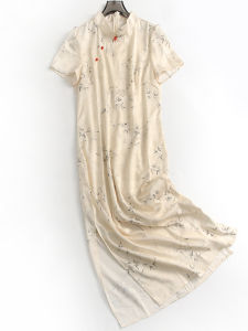 Slimming Floral Print Short Sleeve Qipao Dress New Chinese Style Stand Collar Side Button Womens Dress Summer Season Long Dress