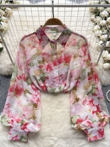 เสื้อเชิ้ตผู้หญิงฤดูใบไม้ผลิ 2024 ใหม่ บาง ดีไซน์ ลายพิมพ์ ผ้าชีฟอง เทรนด์ แฟชั่น ทันสมัย เสื้อตัวบน