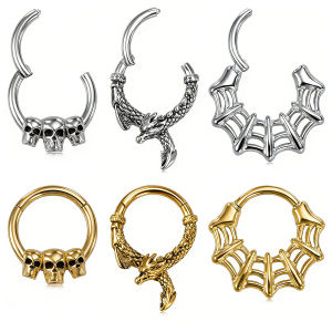 1pc Gothic Hinged Clicker Septum Nose Hoop Piercing Rings Stainless Steel Skull Dragon Spider Web Cartilage Tragus Earrings 16G