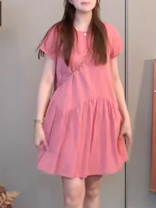 Shalldoer | Váy ngắn tay phong cách Hàn Quốc thời trang mùa hè cho nữ dáng chữ A rộng rãi váy midi cổ tròn thường ngày váy dài vừa phải