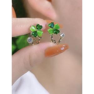Fresh Green Four Leaf Clover Cat's Eye Stone 18K Gold Diamond Embedded Earrings Outlet Fashion Jewelry Ear Studs
