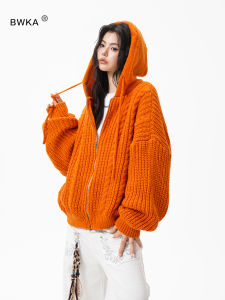 BWKA | Dopamine-style Retro Cable Knit Hooded Sweater Jacket Orange