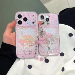Sanrio | Ốp Điện Thoại Chống Sốc Họa Tiết Hoạt Hình Dễ Thương Họa Tiết Dù Vàng Kèm Dây Đeo Chống Xước Chất Liệu Nhựa Lấp Lánh Dành Cho iPhone 17/14/15/16 Pro Max