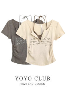 YOYO CLUB Áo Thun Ngắn Tay Cổ Điển Mỹ Dành Cho Nữ Cay Bé Gái In Treo Cổ Xếp Ly Áo Phong Cách Đi Làm Mùa Hè