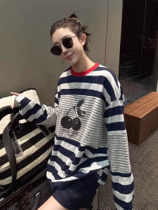 Summer New Womens Long Sleeve round Neck T-shirt Color Block Stripe Print Loose Lazy Style Outerwear Sun Protection Shirt