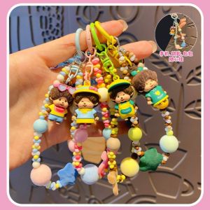 Bandai | Genuine Monchhichi Flocked Beaded Keychain Cute Cartoon Mini Monchhichi Figurine Charm Women’s Bag Phone Strap