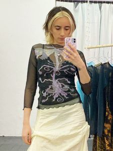 Abstract Print Graphic T Shirts For Women Clothes Y2k Accessories Mesh See Through Ropa De Mujer Bodycon Crop Top Quarter Sleeve