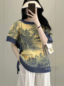 Summer New Loose Womens T-shirt Folded Print Vacation Casual Style Polyester Fabric Batwing Sleeve round Neck Slimming Effect