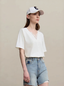 AMII | Stretchy Silk Cotton Lace Patchwork V-Neck Backless T-Shirt