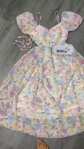 Đầm nữ thời trang mặc đi chơi đi biển chất voan hoa hai dây cúp ngực tay ngắn hở lưng thắt dây ôm eo váy maxi xoè hai lớp