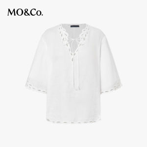 MO&Co. | New Arrival Norman Inspired Linen Handcrafted Lace V-Neck Top