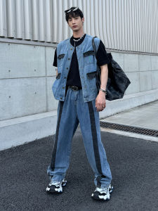 Fall New Style Loose Fit Mens Denim Vest And Pants Set Streetwear Design Color Block Splice Fashionable Youth Collection
