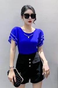 YIMEI Áo Thun Nữ Đẹp Nhún Bèo Áo Lưới Tay Áo Mới Mùa Hè 2023 Áo Thun Dây Xích Cảm Giác Thiết Kế Nước Ngoài Phong Cách Hàn Quốc Áo Thun Nữ Thời Trang Kim Cương Nổi Bật