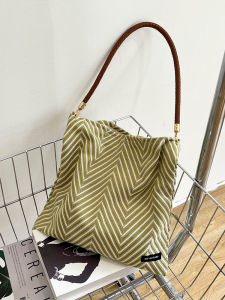 Commute Casual Canvas Tote Bag Shoulder Handbag Polyester Striped Korean Style Folding Magnetic Buckle Closure Daily Use