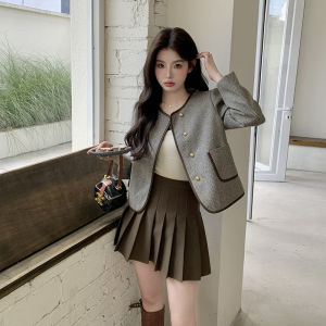 Spring Autumn Elegant round Neck Short Outerwear Womens Fashion Style Button Closure Long Sleeve Loose Fit Polyester Coat