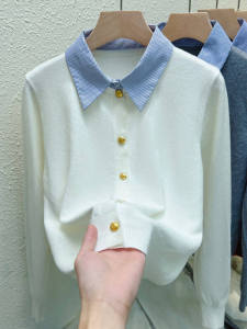 Polo Collar Splice Knitted Long Sleeve Womens Cardigan Spring 2025 New Style Base Layer Top Quality Silk Korean Style Commute