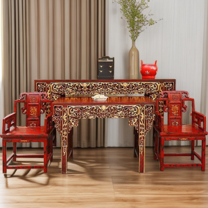 Chinese Style Solid Wood Porch a Long Narrow Table Vintage Engraving Altar Neoclassical Accessible Luxury Red Desk Antique Painted Elm Chair