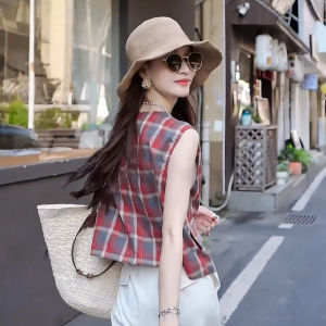 Colorful Plaid Womens Shirtless Vest Top Spring Summer Fashion Design Commute Style round Neck Short Length Single Button