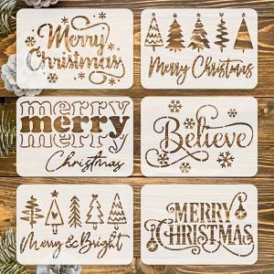 1Set 6pcs 6.3×4.33inch Merry Christmas Tree Stencil Set for DIY Painting on Wood Wall Fabric Paper Reusable Holiday Craft Templ