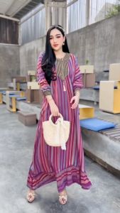 Gamis Motif Model Baru Salur Rainbow Bahan Rayon Premium LD 120