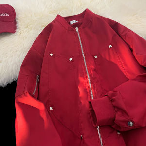 เสื้อแจ็คเก็ตกันลมกันน้ำสไตล์อเมริกันสีแดงเข้มสำหรับผู้ชาย เสื้อกั๊กเบสบอลแบบลำลองสำหรับกลางแจ้ง เสื้อแจ็คเก็ตบิน เสื้อคลุมกันลมสำหรับผู้ชาย