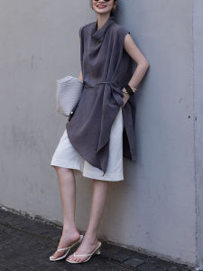 BOGUDU | High End Summer Grey Dangling Collar Top and White Shorts Outfit 2 Pieces