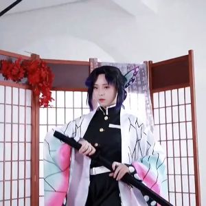 Anime Demon Killer Kimetsu No Yaiba Kochou Shinobu Role-Playing Costume Wig Set Sword Halloween Anime Adult Kid Costume