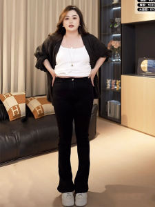 กางเกงยีนส์ทรงตรงเอวสูงสีดำไซส์ใหญ่สำหรับผู้หญิง กางเกงขายาวทรงขากระบอกทรงสลิมฟิต ทรงเข้ารูป ทรงเข้ารูป เอวสูง กางเกงยีนส์ทรงสลิมฟิต