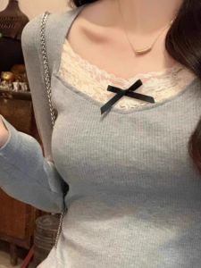 Xám Ren Áo Thun Viền Dài Tay Nữ Mùa Thu Mới Nhỏ Hương Thơm Phong Cách Ôm Vừa Vặn Áo Sơ Mi Đế Mặc Bên Trong Áo Phong Cách Hàn Quốc Đi Lại