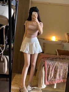White Lace A-Line Mini Skirt High Waist Womens Spring Summer Anti-Light Pure Desire Cake Short Skirt Ballet Style Half Body Skirt