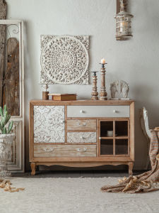 American-Style Home Entrance Cabinet Retro Solid Wood Sideboard Living Room Decorative Cabinet Carved Hall Cabinet Distressed Multi-Functional