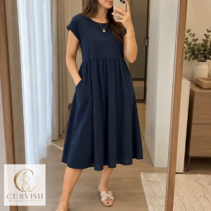 WOMENS COTTON LINEN MIDI DRESS CASUAL LOOSE FIT SHORT SLEEVE DRESS WITH POCKETS 120GSM