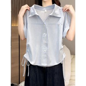 Drawstring Waist Short Sleeve Shirt Jacket Loose Rejuvenating Top