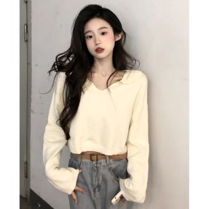 Slimming V-Neck Long Sleeve Knit T-Shirt Womens Spring Autumn Loose High Waist Short Top Base Layer Sweet Style Polyester Fiber