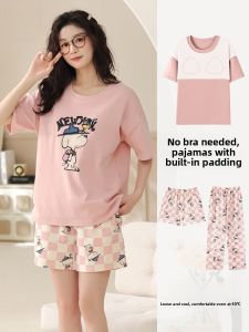 Miiow | Pure Cotton Summer Thin Cat Lady Sleepwear Three-piece Set With Chest Pad Cartoon Sweet Home Clothes For Young Women