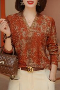 Winter Baby Velvet Slimming Elastic T-Shirt Outerwear V-Neck Long Sleeve Commute Style Versatile Meat Concealing Top