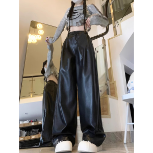 plus Size American Retro High Waist PU Leather Casual Pants Women Spring Autumn Wide Leg Floor Length Slimming Leather Trousers