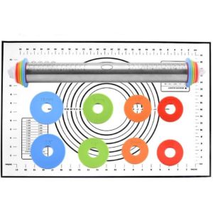 Stainless Steel Rolling Pin with Adjustable Thickness RingsDough Roller and Silicone Baking Pastry Mat Set or Only Mat