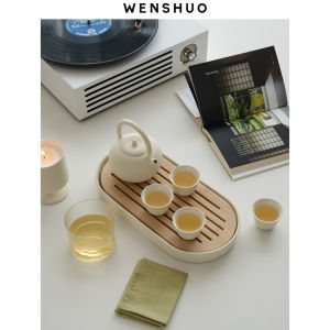 ชุดชาชง4ถ้วยและชุดชาของตกแต่งเนื้อแมทท์เรียบทำความสะอาดง่ายของขวัญพิธีชงชากังฟูจีน WENSHUO ที่บ้าน