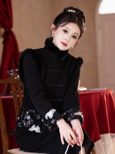 New Chinese Style Black Fleece Lined Thickened Autumn Winter Womens Traditional Tang Suit Dress Set Young Style Qipao Costume