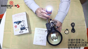 Maintenance bench magnifier with 6 LED lights and fixing clips. 3 sets of magnifying lenses.