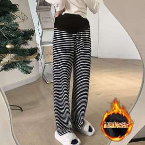 Quần Ống Rộng Kẻ Sọc Cho Phụ Nữ Mang Thai Quần Dài Đỡ Bụng Mặc Bên Ngoài Mẫu Xuân Thu Quần Khăn Bông Dày Dặn Rộng Rãi Quần Mặc Nhà Quét Đất Mùa Đông