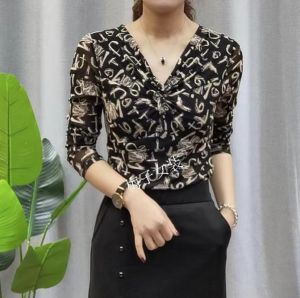 Fashionable Long Sleeve V-Neck Womens Top Knot Design Slim Fit Elastic Leopard Print Workwear Style Regular Length Shirt