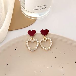 Hollow Love Pearl Earrings Burgundy Vintage Earrings Womens Fashion Accessories Subang Telinga