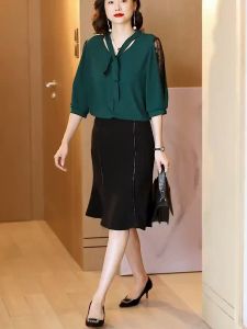 Women Chiffon Blouse Shirt Casual Mid Sleeve Oversized Womens Tops Summer New Loose Mothers Shirt