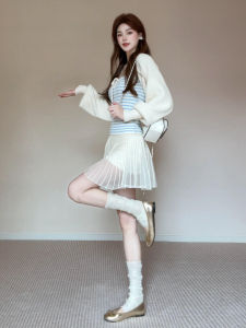 PEIZIXUAN | Korean Style Striped Knit Cardigan Set