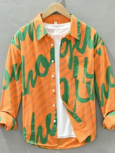 Spring & Fall Mens Purified Cotton Long Sleeve Shirt Letter Print Fresh Trendy Fashion Loose Casual Shirt Coat Mens Clothing