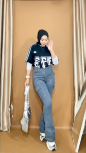 Celana Cutbray Cargo Jeans Stretch Mulur Highwaist Loose Wanita Panjang Grey Kimpul Saku