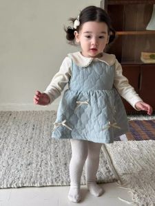 Autumn Winter Cotton Blend Vest Dress Set for Baby Girls Toddler Girls Fleece Lined Skirt Sweet Style Butterfly Knot Dresses